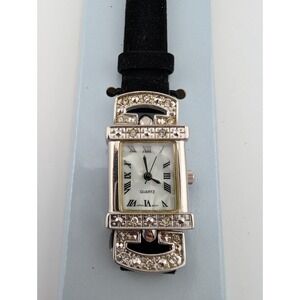 Avon 2002 Vintage Rhinestone Accent Watch Black Velvet Band w/ Box- New Battery